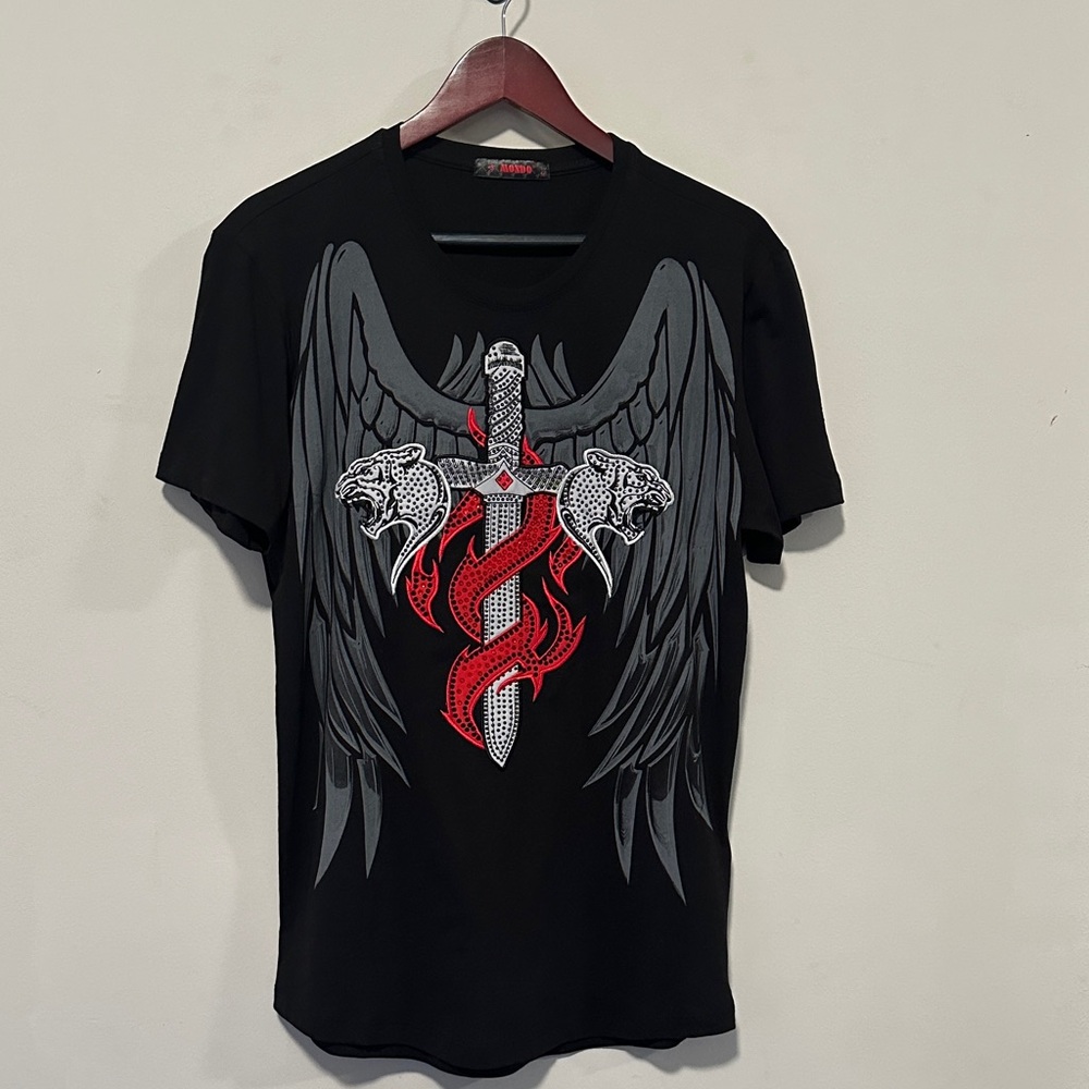 Black Graphic T-Shirt by Mondo with Red and Gray Design